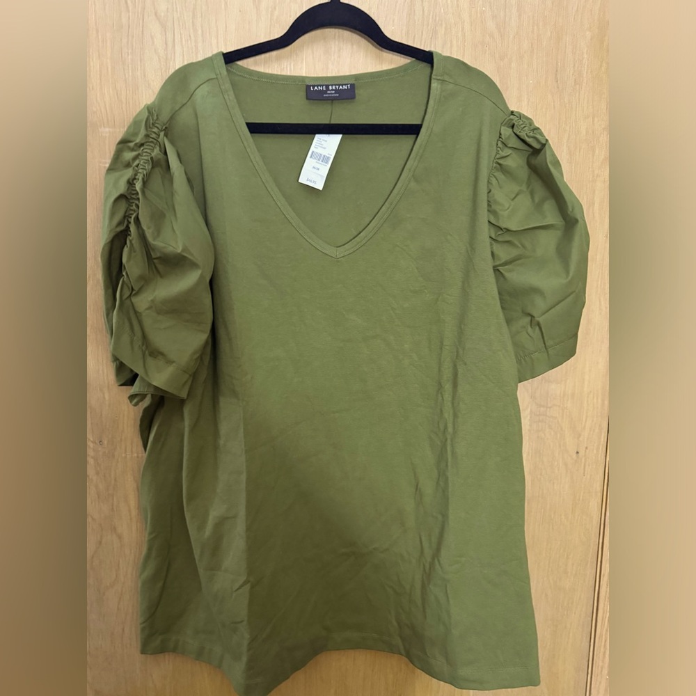Woven Puff-Sleeve V-Neck Knit Tee